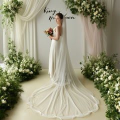V-Shaped Bridal Veil with Ruffled Edges & Tulle Overlay