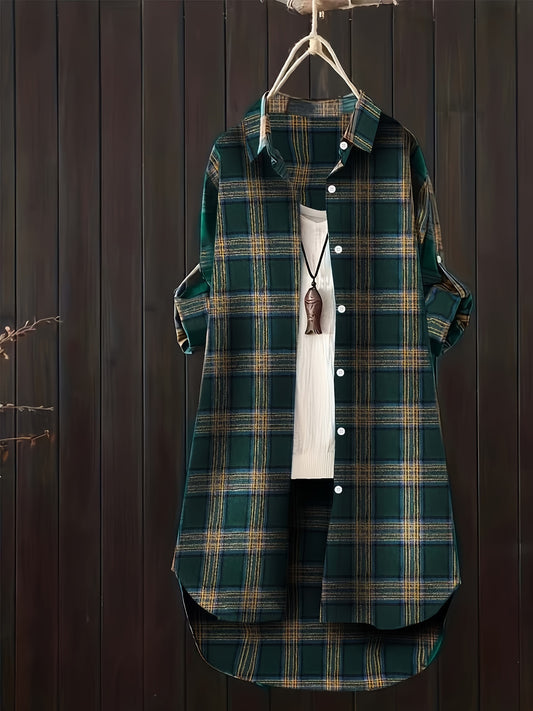  Plaid Roll Up Sleeve Tunic Shirt Top