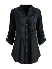  Solid Button Up Lace Panel Blouse