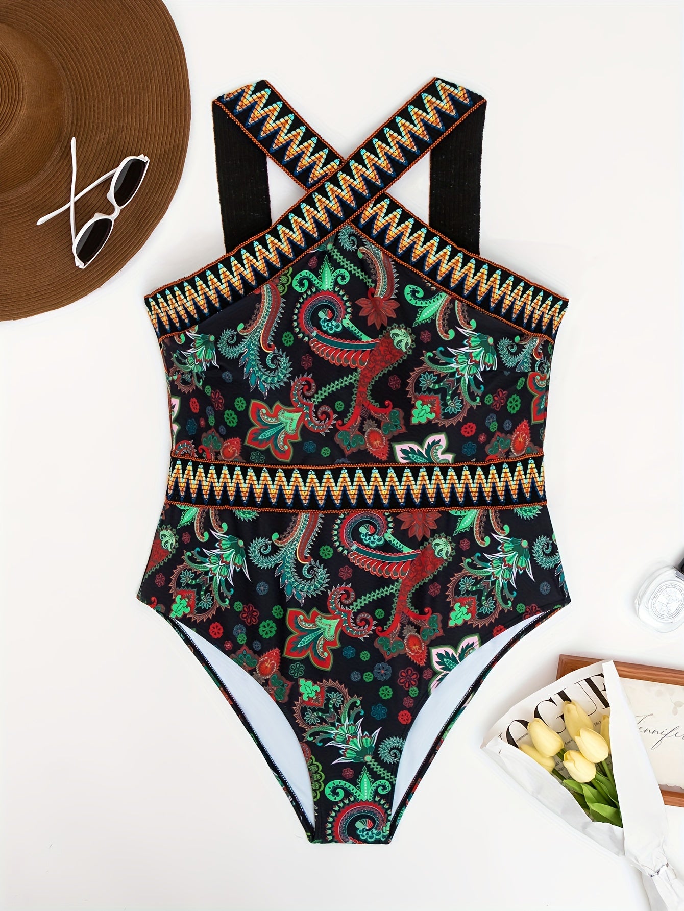  Floral Print Halter One Piece Bathing Suit