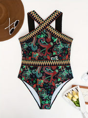  Floral Print Halter One Piece Bathing Suit