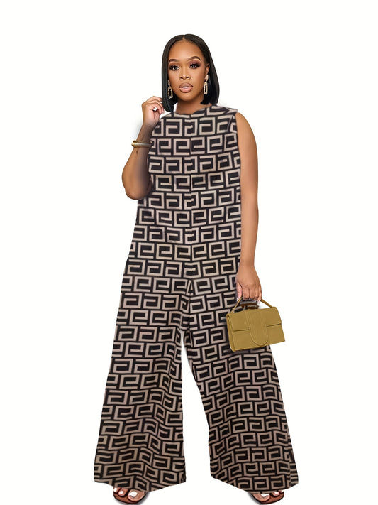 Geometric Print Sleeveless Jumpsuit Casual Wide Leg Jumpsuit