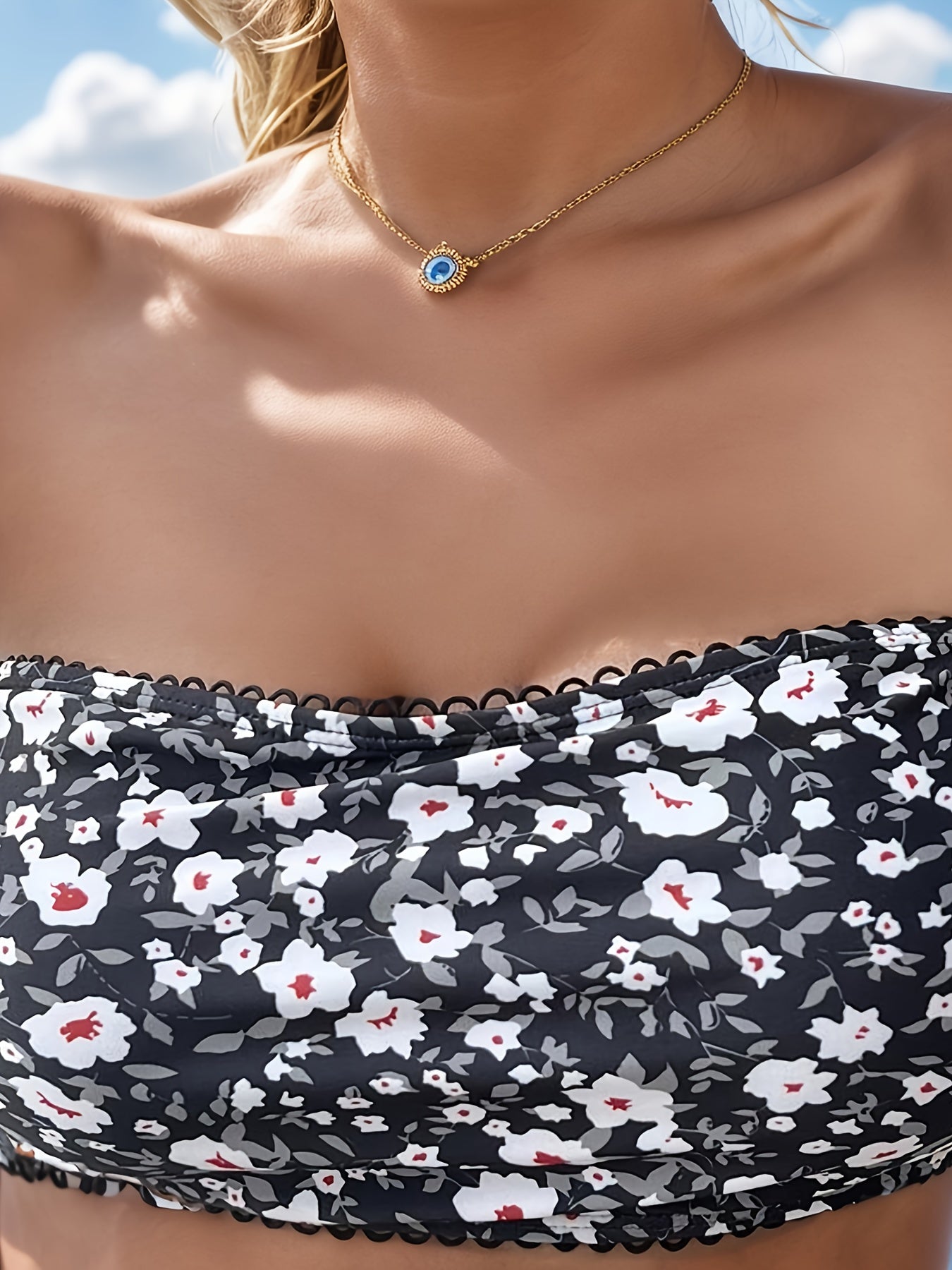  Boho Bikini Top Ditsy Floral Print Wave Trim Swimwear