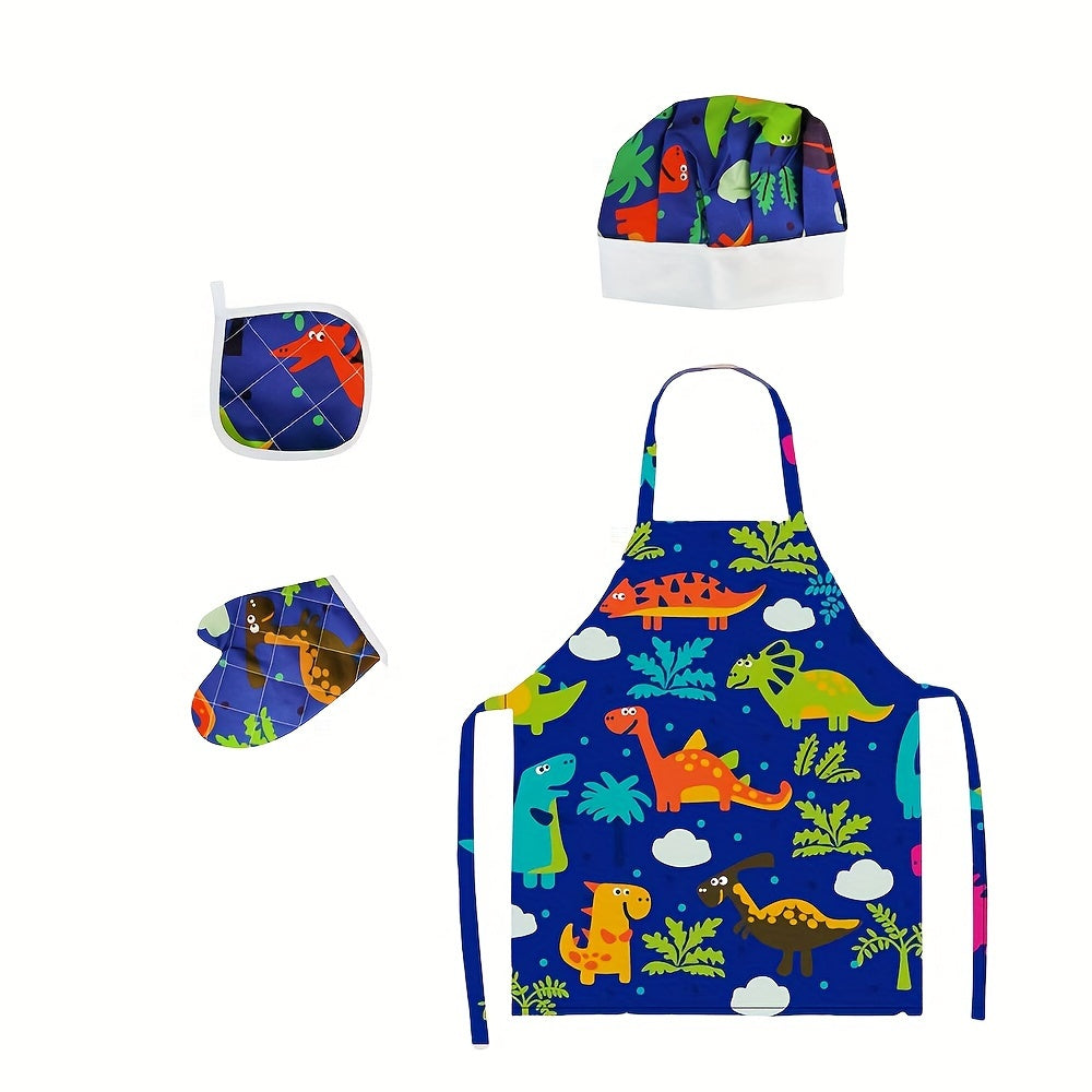 Kids 4pcs Play Kitchen Set with Pink Cake & Dinosaur Aprons