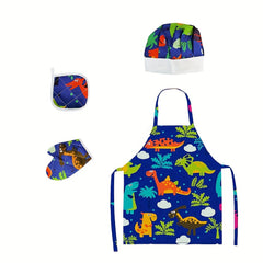 Kids 4pcs Play Kitchen Set with Pink Cake & Dinosaur Aprons
