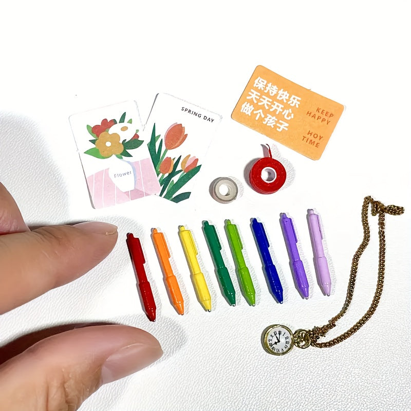 Dollhouse Accessory Set - Pink Pen, Colored Pencils, Notebook