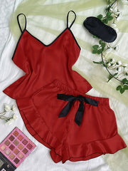 Satin Pajama Set V Neck Cami Top & Ruffle Shorts Sleepwear