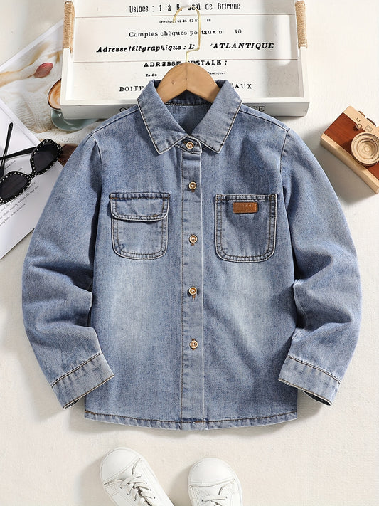 Boys Casual Denim Jacket Button Down Lapel Long Sleeve Coat