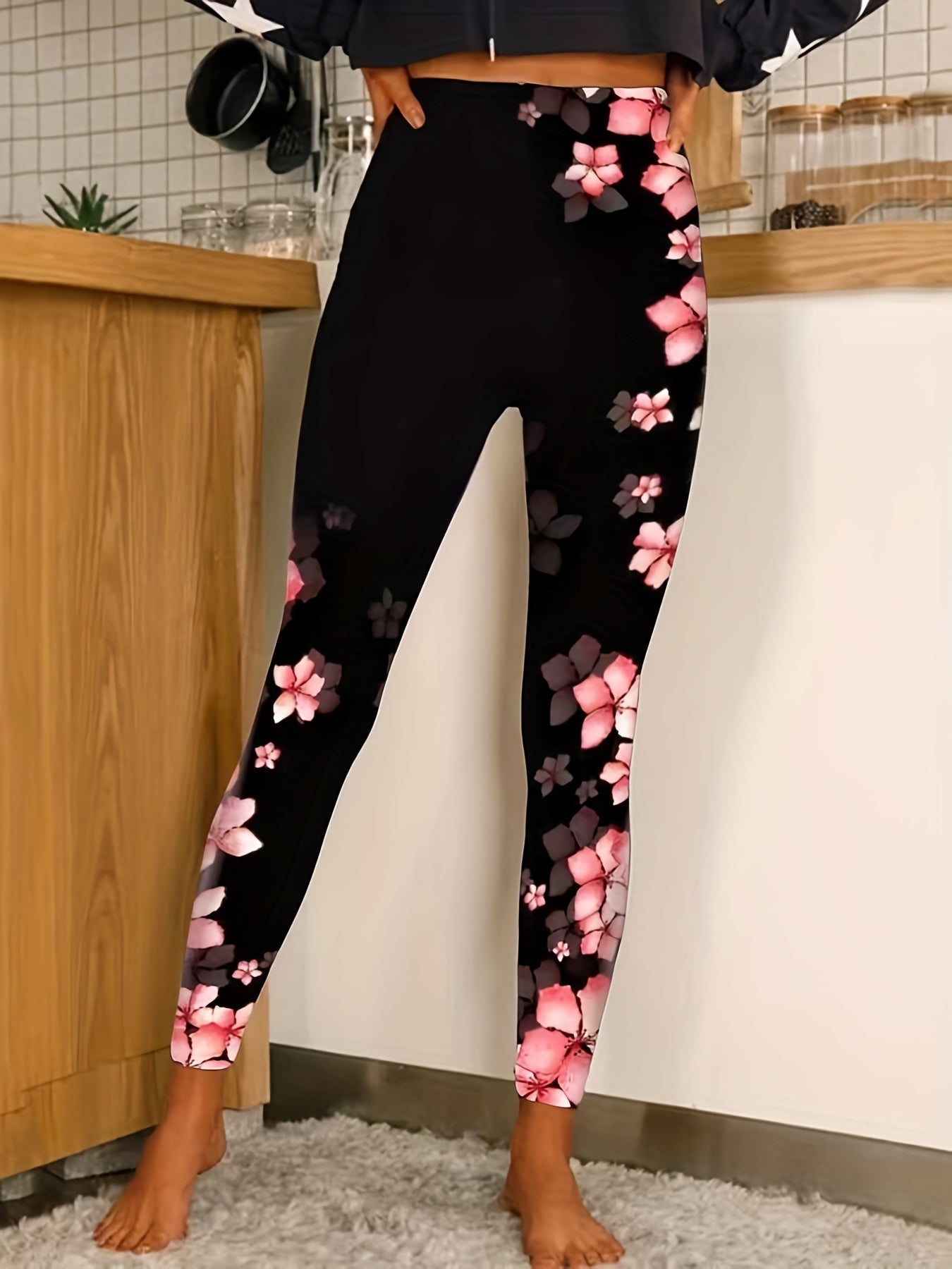 Women's Plus Floral Print Elastic Skinny Leggings