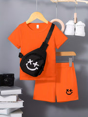 3pcs Boys Casual Short Sleeve T shirt & Shorts Set + Crossbody Bag