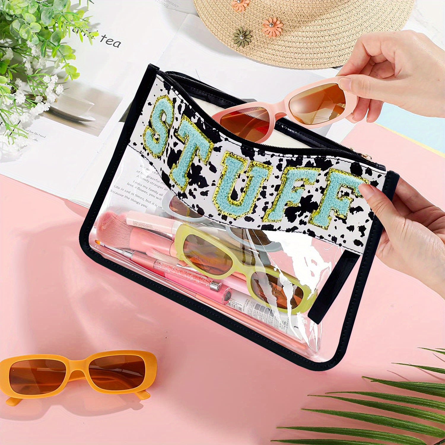 Clear Embroidered Letter Makeup Bag Preppy Patch PVC Waterproof Clutch