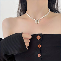 Camellia & Faux Pearl Necklace Female Clavicle Summer Accessories