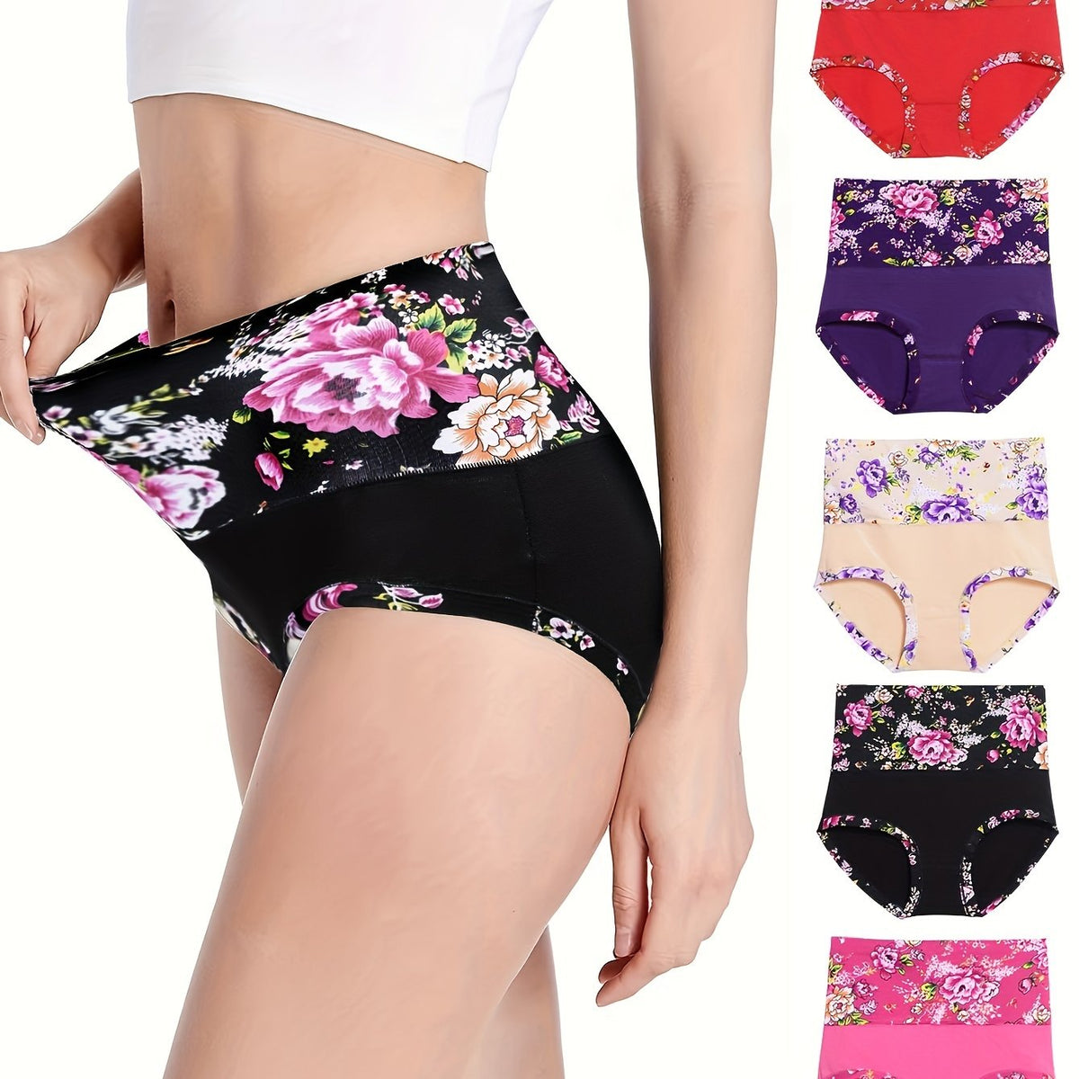 5pcs Floral Print Briefs Comfy & Stretchy Intimates Panties