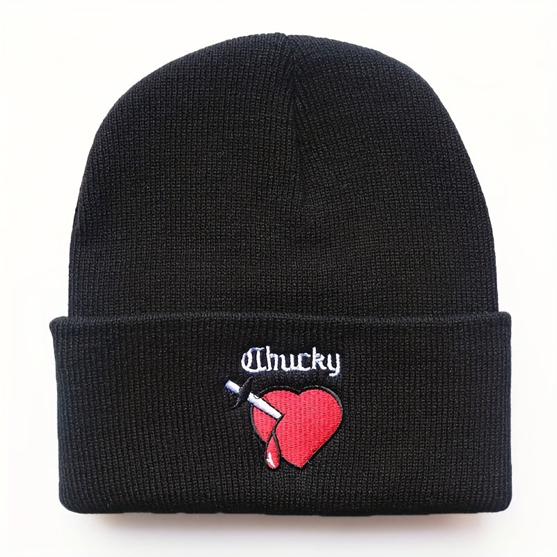 Heart Embroidery Unisex Couple Beanie Solid Knit Hat Elastic Windproof