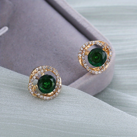 Emerald Crystal Floral Stud Earrings Retro Style 18K Plated Jewelry