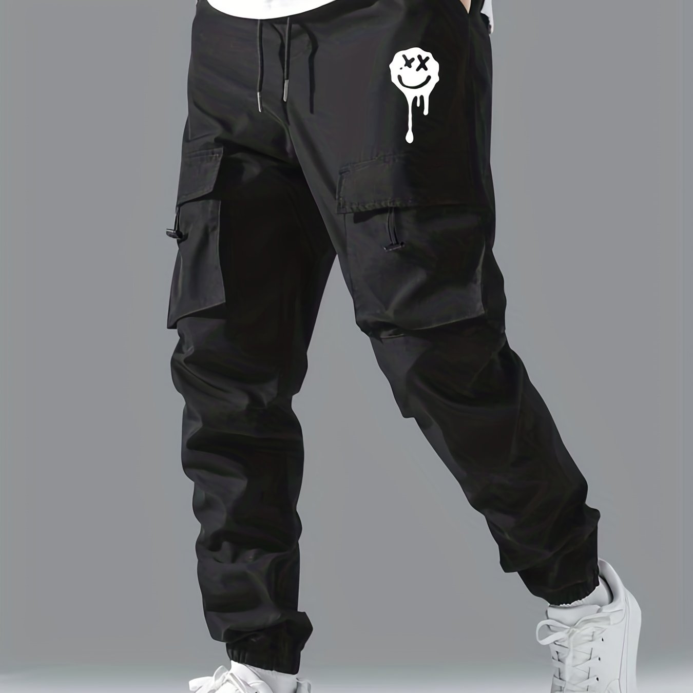 Smile Face Print Cargo Pants Men Work Trousers