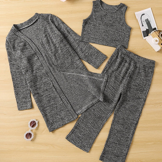 Girl's Cable Knit 2pcs Cardigan & Tank Top & Pants Set