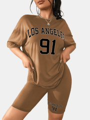 Letter Print Two piece Set Short Sleeve T shirt & Skinny Shorts Outfits