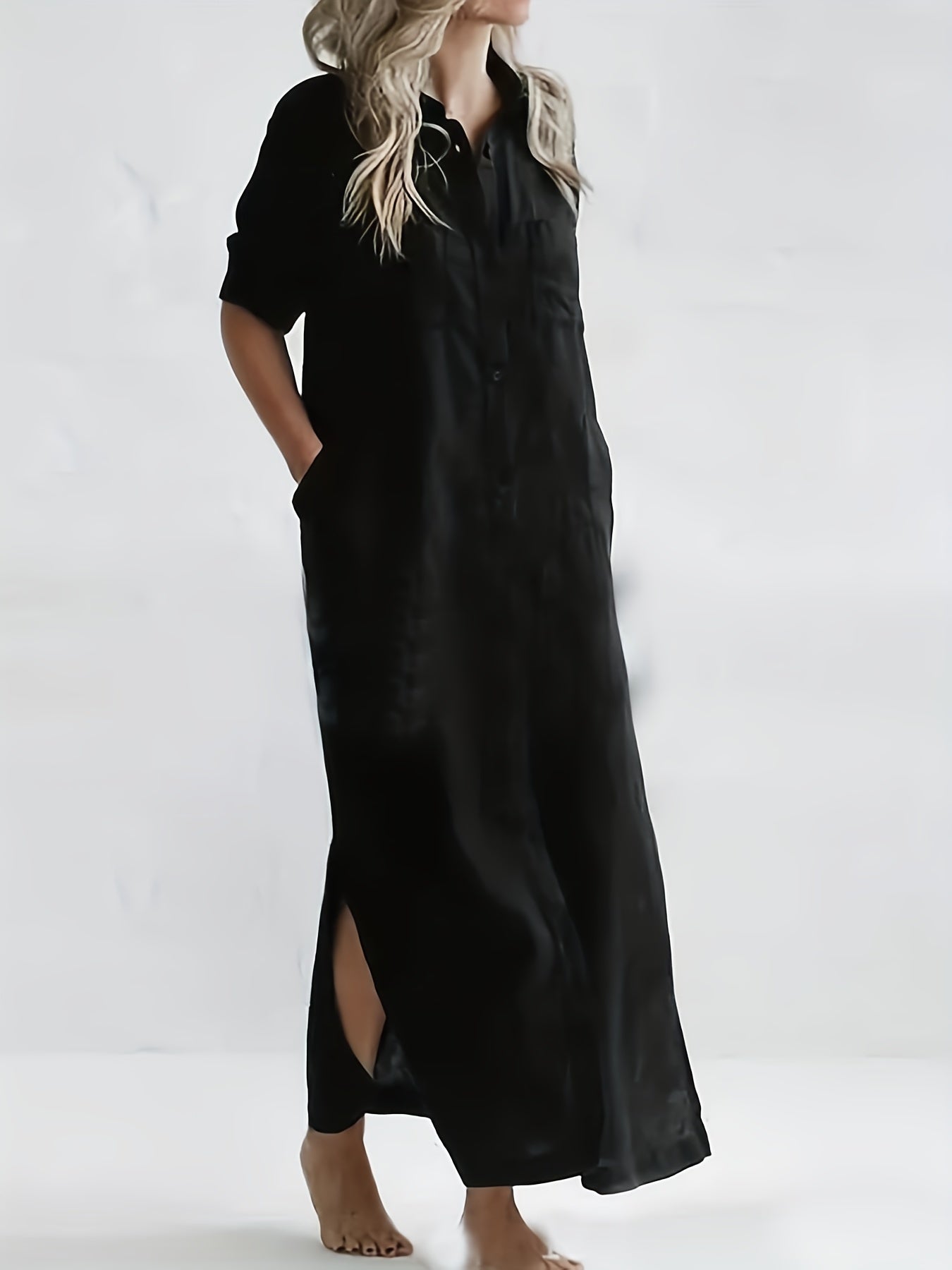 Solid Short Sleeve Collar Shirt Dress