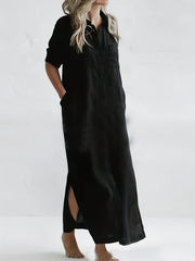  Solid Short Sleeve Collar Shirt Dress