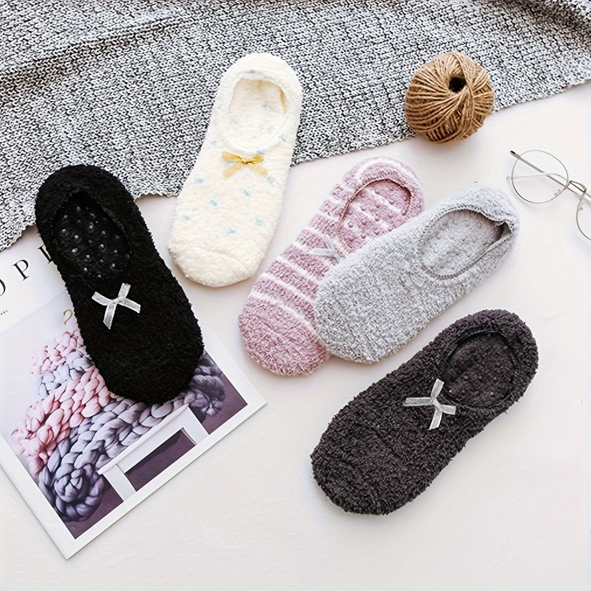 Bow Tie Fuzzy Socks Soft & Warm Low Cut Ankle Socks Women's