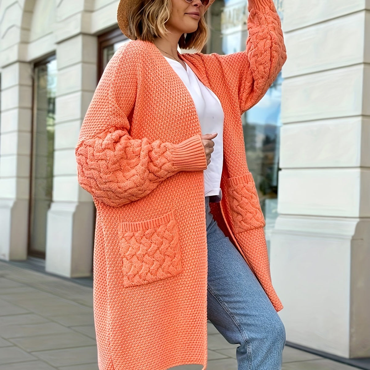  Cable Lantern Sleeve Cardigan with Pockets
