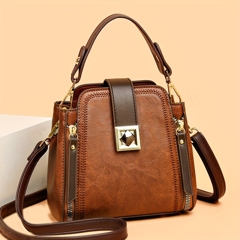 Stylish PU Leather Shoulder Bag Top Handle Zipper Crossbody Bag