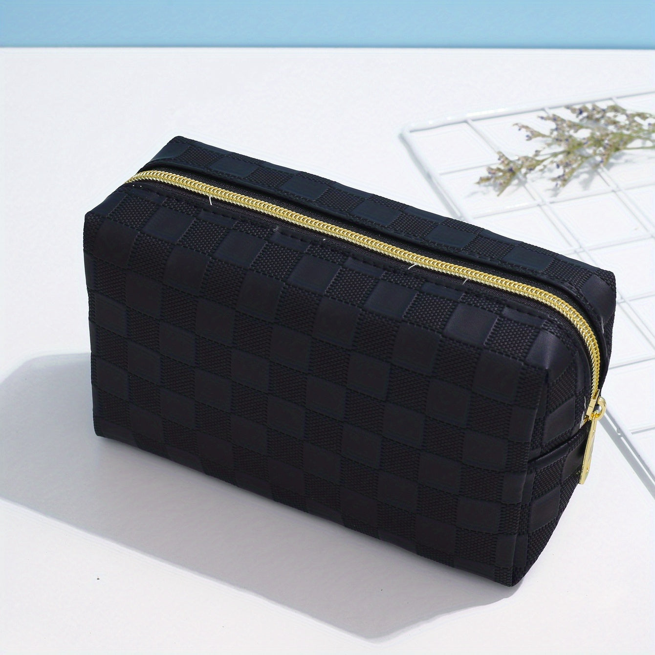 Checkered Pattern Cosmetic Bag For Women Zipper Makeup Bag Travel Toiletry Bag