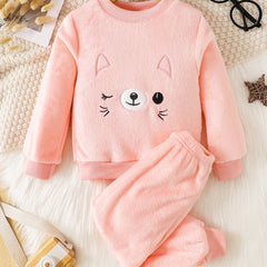 Cartoon Cat Long Sleeve Warm Fleece Pajama Set