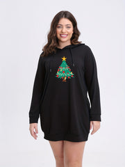  Christmas Casual Dress Women's Plus Tree Print Hooded Sweatshirt Dress