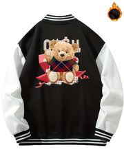 Men's Teddy Bear Print Jacket with Baseball Collar and Pocket