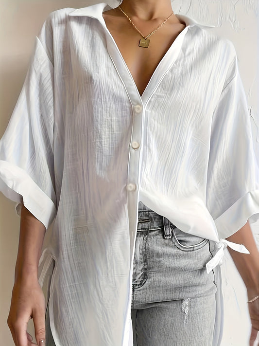  Sexy Blouse Women's Plus Solid Long Sleeve Button Up V Neck Tunic