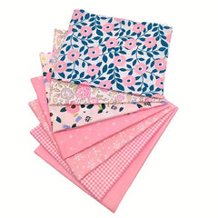 Pink Floral Cotton Twill Print Fabric DIY Patchwork 7 Pieces