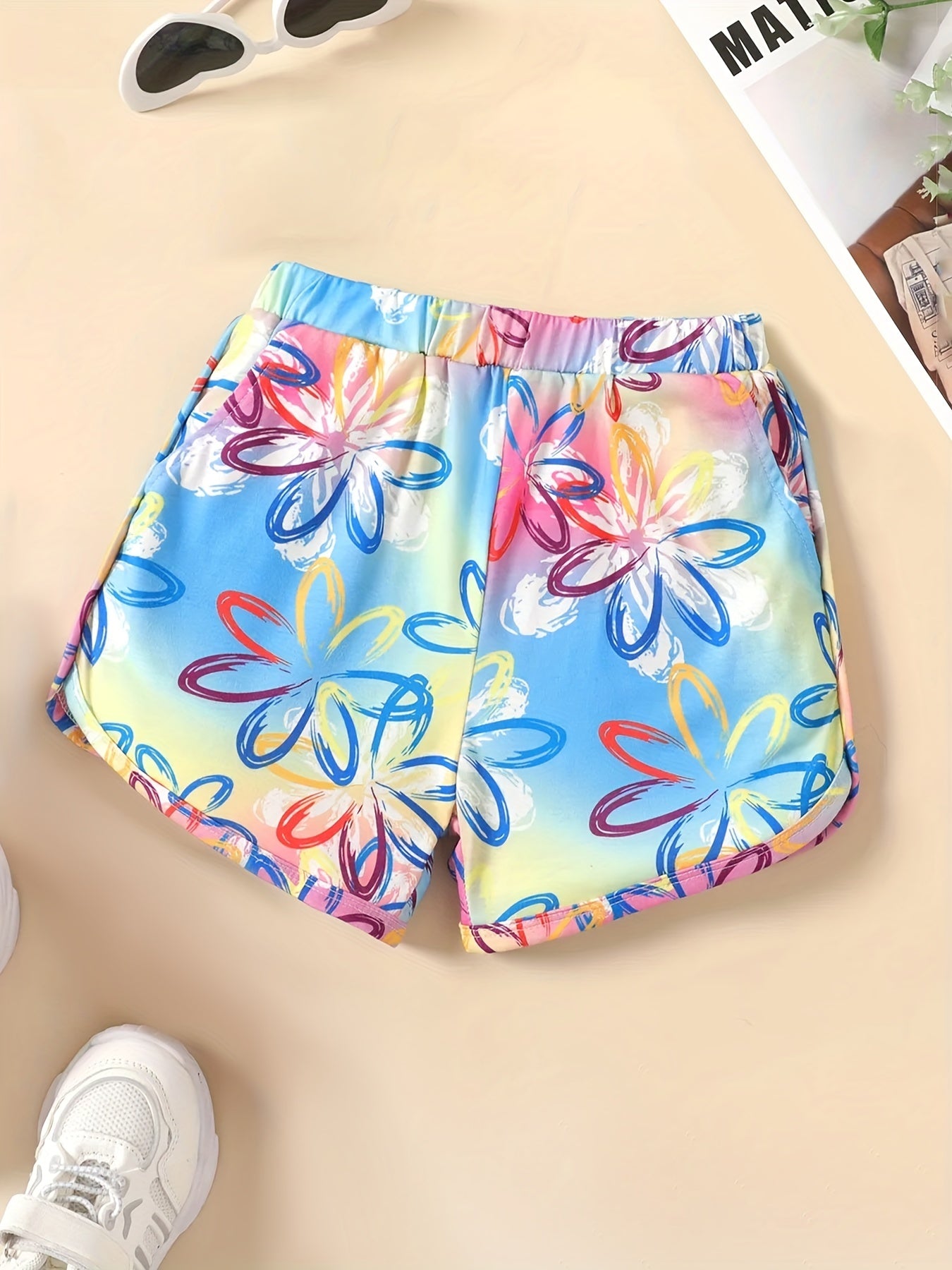 Kid Girls Tie Dye Floral & Butterfly Print Casual Shorts