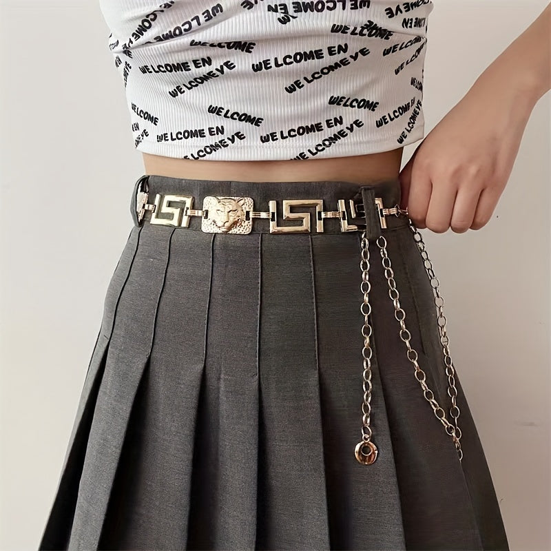 Geometric Chain Belt Tiger Head Engraved Girdle