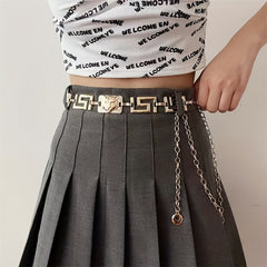 Geometric Chain Belt Tiger Head Engraved Girdle