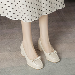 Chunky Mid Heel Square Toe Slip-On Shoes with Bow French Style Pumps
