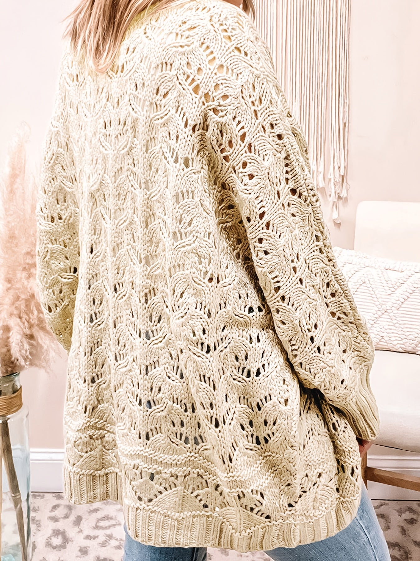  Casual Sweater Women's Plus Solid Jacquard Pointelle Long Sleeve