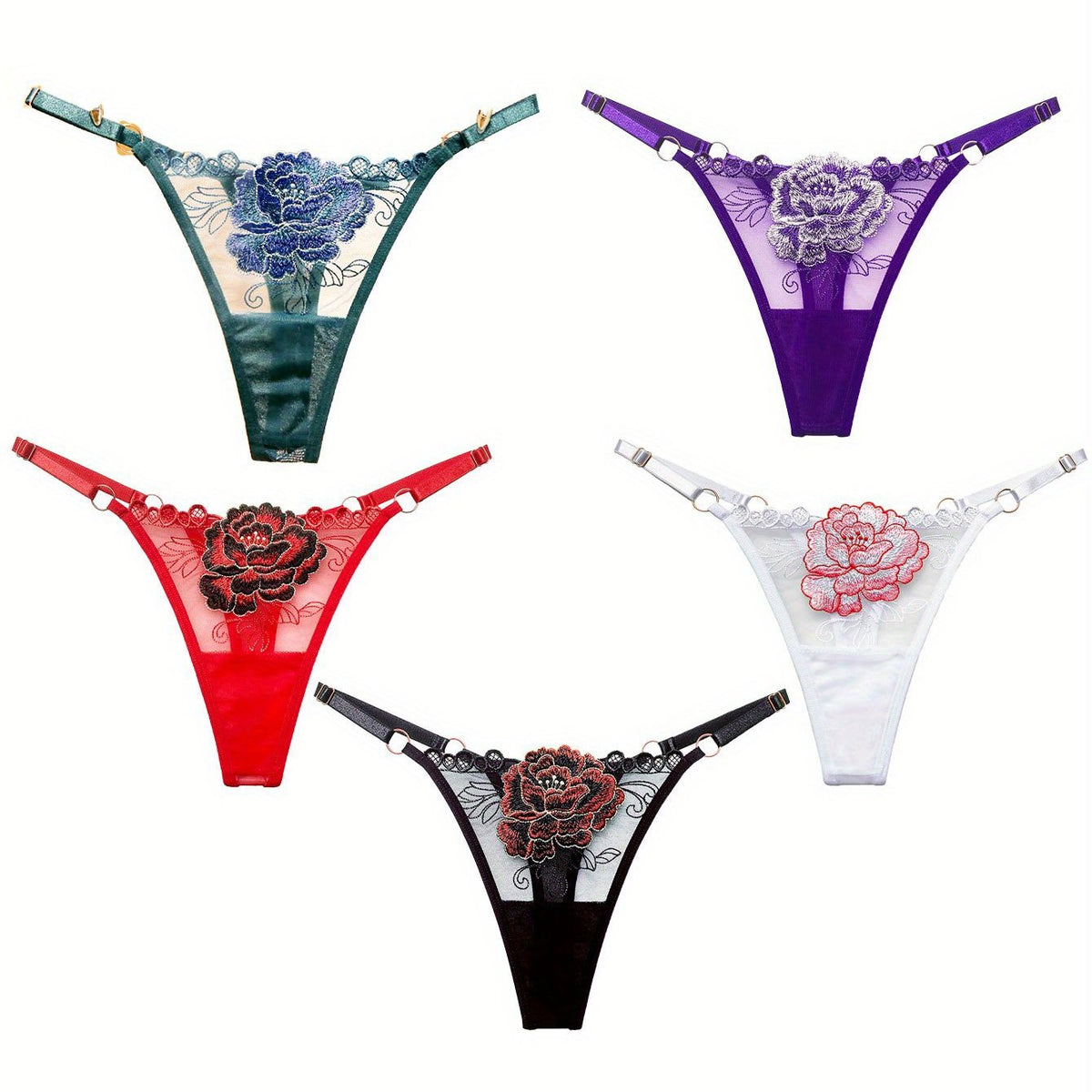 5pcs Floral Embroidery Thongs Semi Sheer Mesh Panties Women's Lingerie