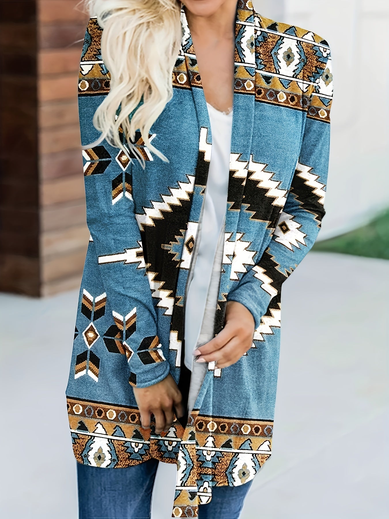  Boho Cardigan Geometric Print Long Sleeve Open Front Cardigan