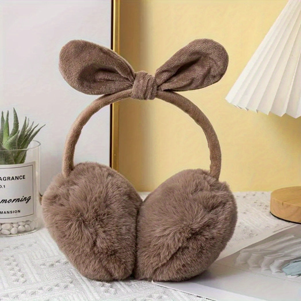 Faux Fur Bunny Ears Earmuffs with Bowknot for Women