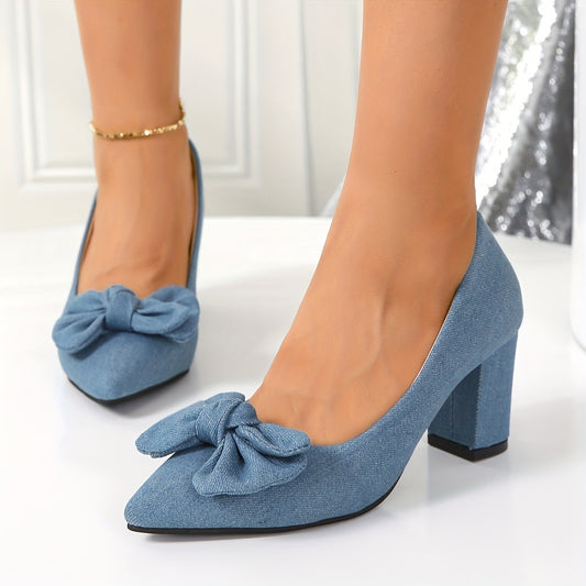 Women's Denim Bowknot Heels Pointed Toe Slip On Chunky Mid Heels