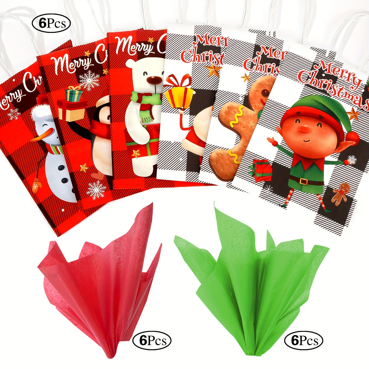 6pc Christmas Gift Bag Set with 12pcs Large Wrapping Papers in Red & Green
