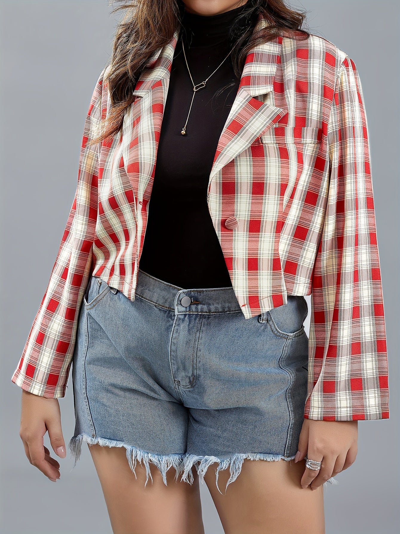  Casual Blazer Women's Plus Plaid Print Long Sleeve Lapel Collar Blazer