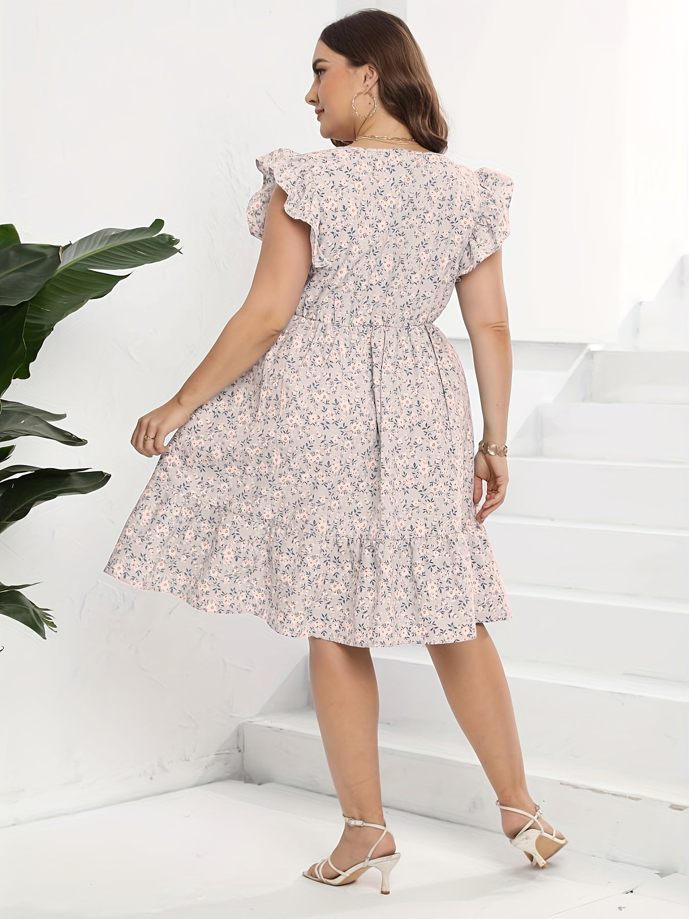  Floral Print Cap Sleeve Dress with Ruffle Trim