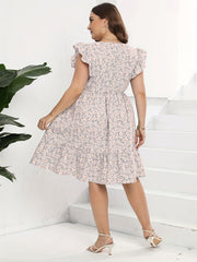  Floral Print Cap Sleeve Dress with Ruffle Trim