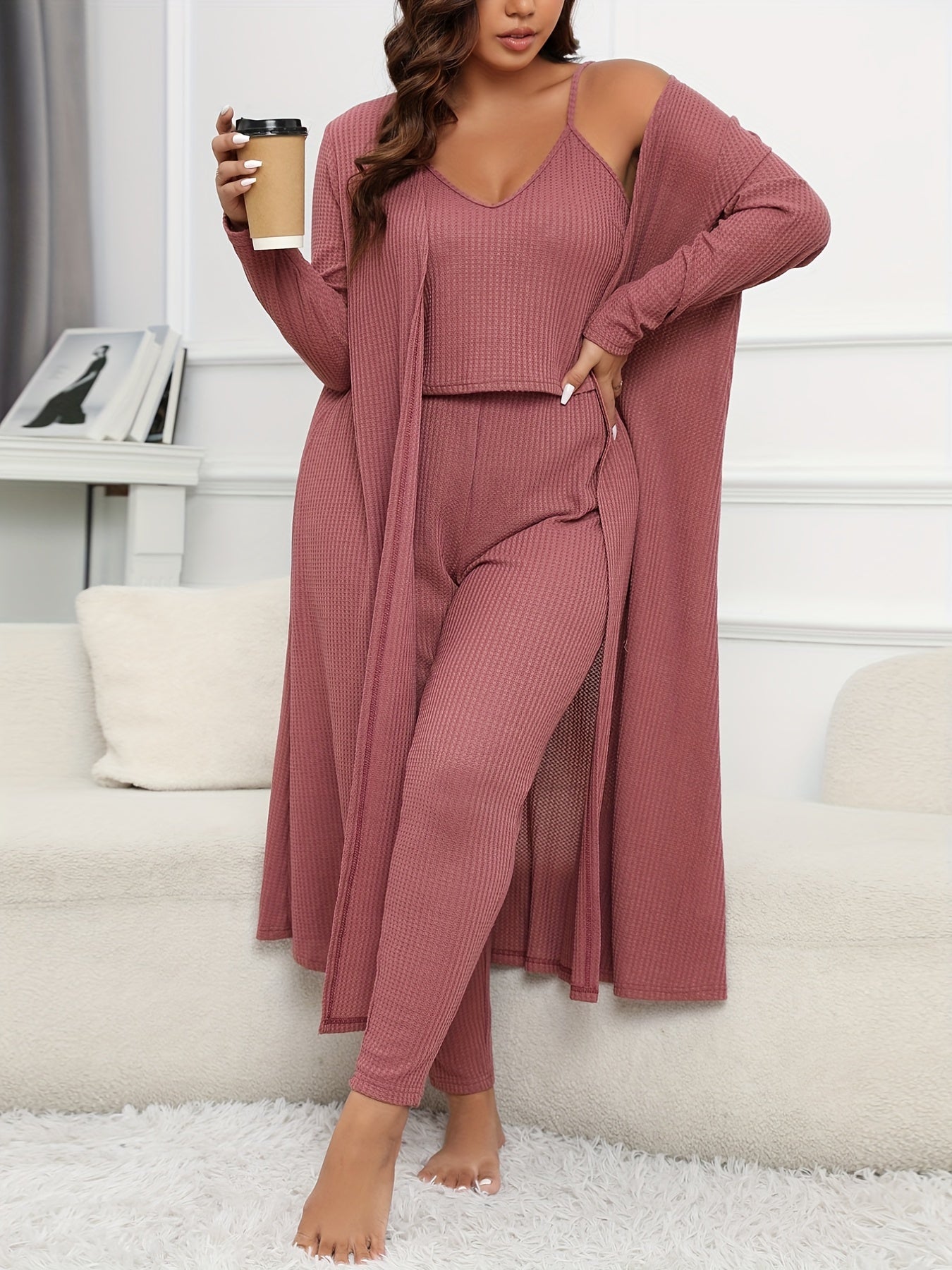  Waffle V Neck Cami Top, Skinny Pants & Cardi Set