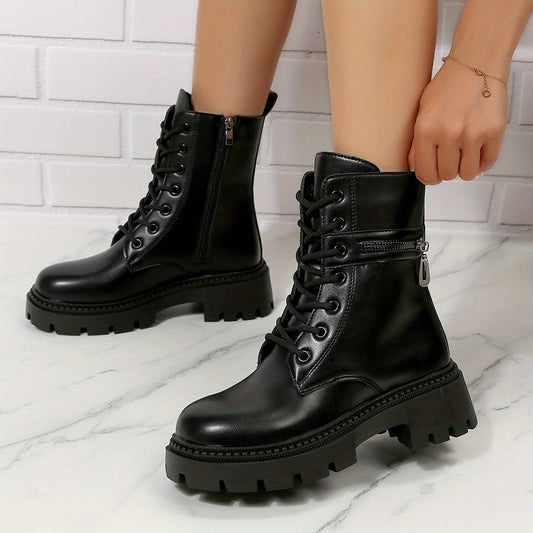 Women's Platform Combat Boots Round Toe Side Zipper Lace Up Ankle Boots