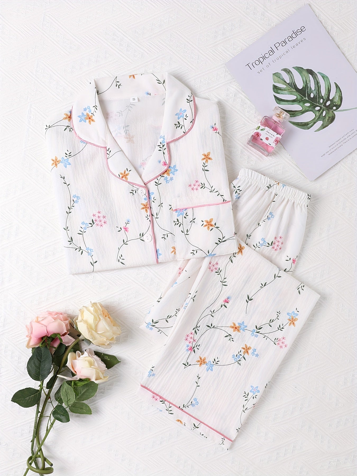 Floral Print Pajama Set Long Sleeve Top & Pants Women's Sleepwear