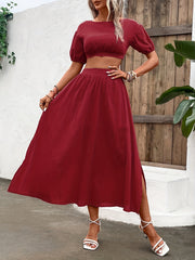 Solid Two Piece Set Crop Top & Split Skirt Outfit